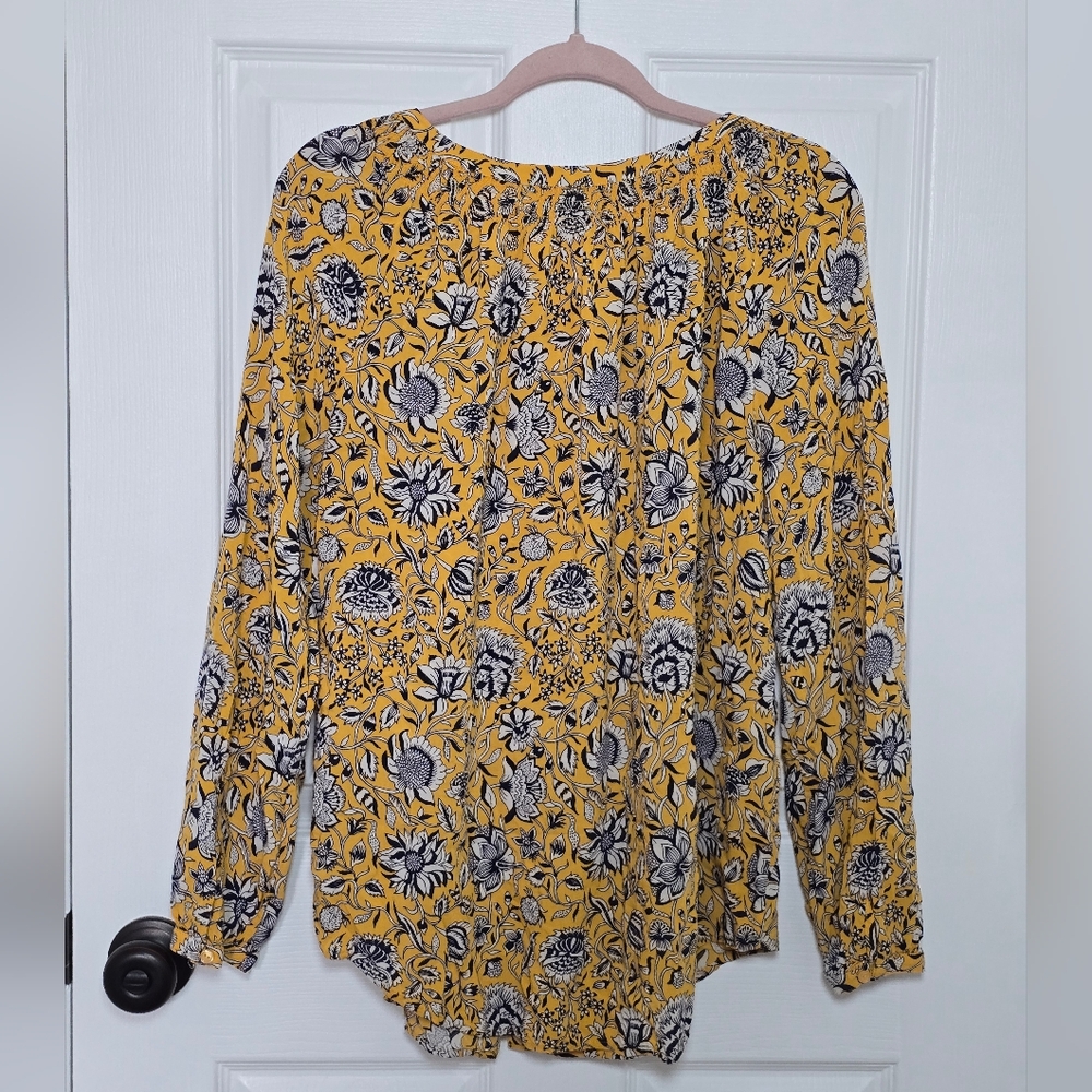 Lucky Brand Floral Peasant Blouse Yellow Smocked Neck Boho Top Large - Picture 4 of 4